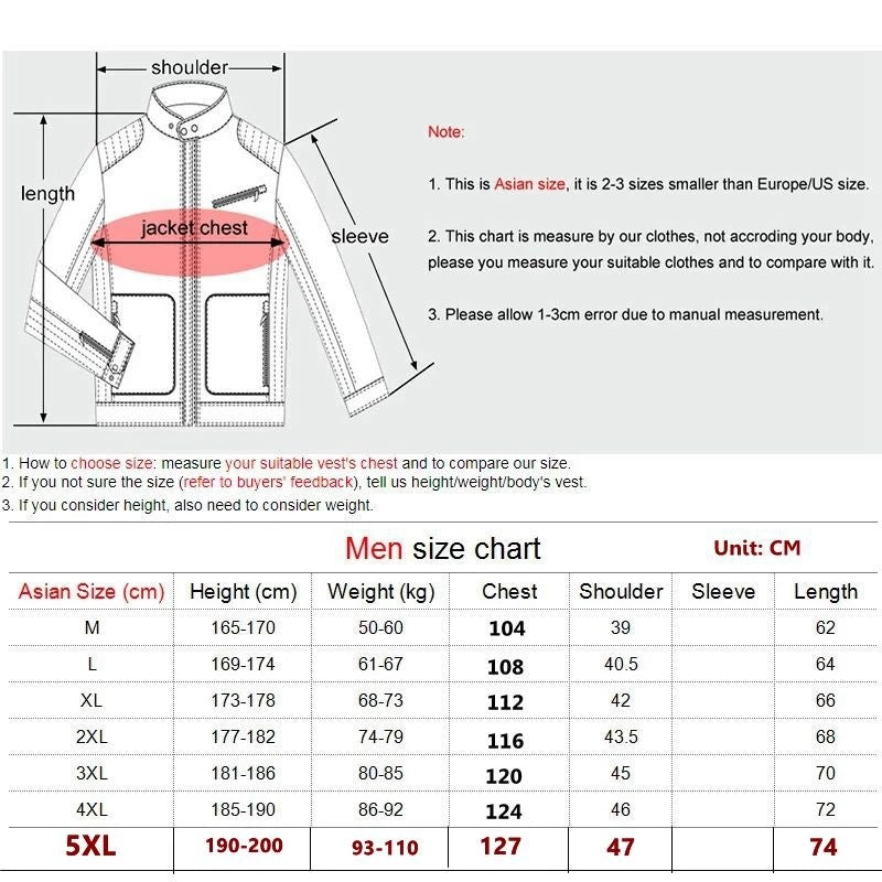 Size chart for the heated vest in centimeters from M to 5XL with height, weight, chest and length