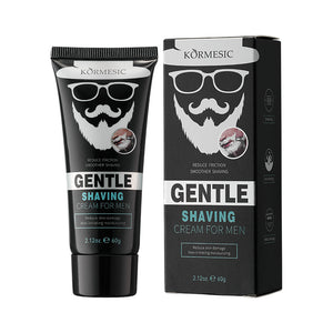 Black men's shaving cream tube next to its box with a bearded sunglasses mascot in white
