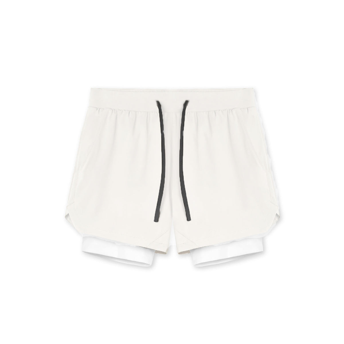 Two in one training shorts in ivory white shown flat with the inner liner, hem detail
