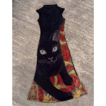 Y2K Black Cat Print Mesh Fishtail Dress