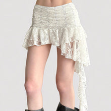 French Retro Lace Asymmetrical Ribbon Tiered Short Skirt