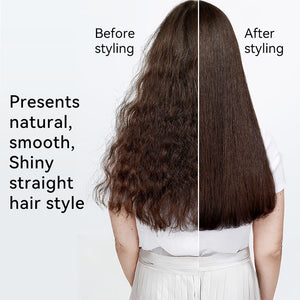 Before and after showing frizzy hair turned smooth and straight with the airflow styler