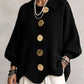 Black ribbed knit top with a collar and gold tone metal buttons, Black option, size 3XL