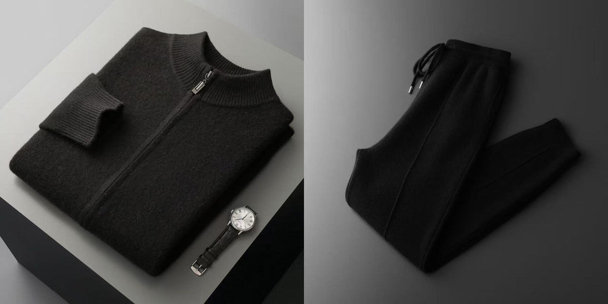 Black knit zip cardigan folded flat beside black jogger trousers and a watch, size XXXL option