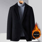 Navy blue suit jacket detail of the wool blend woven shell fabric