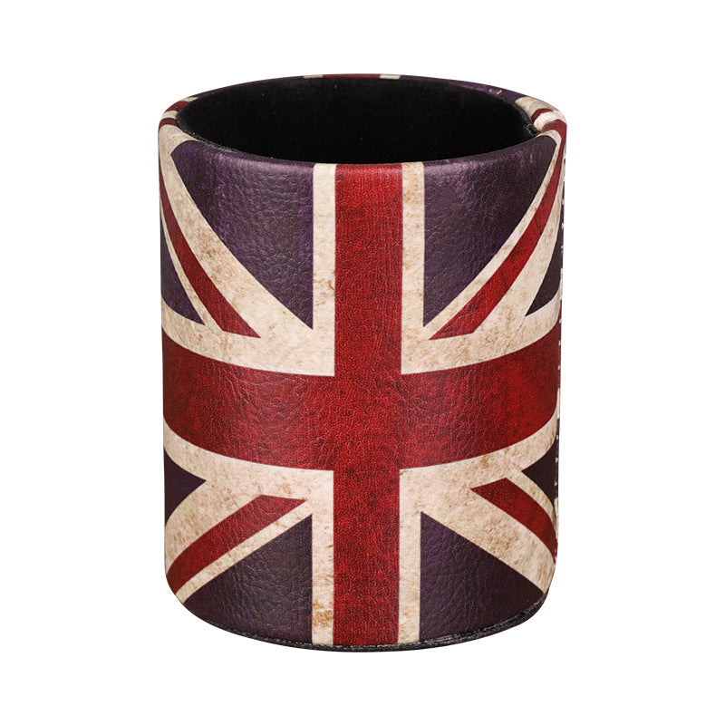 Round pen cup with a vintage Union Jack print on a white background