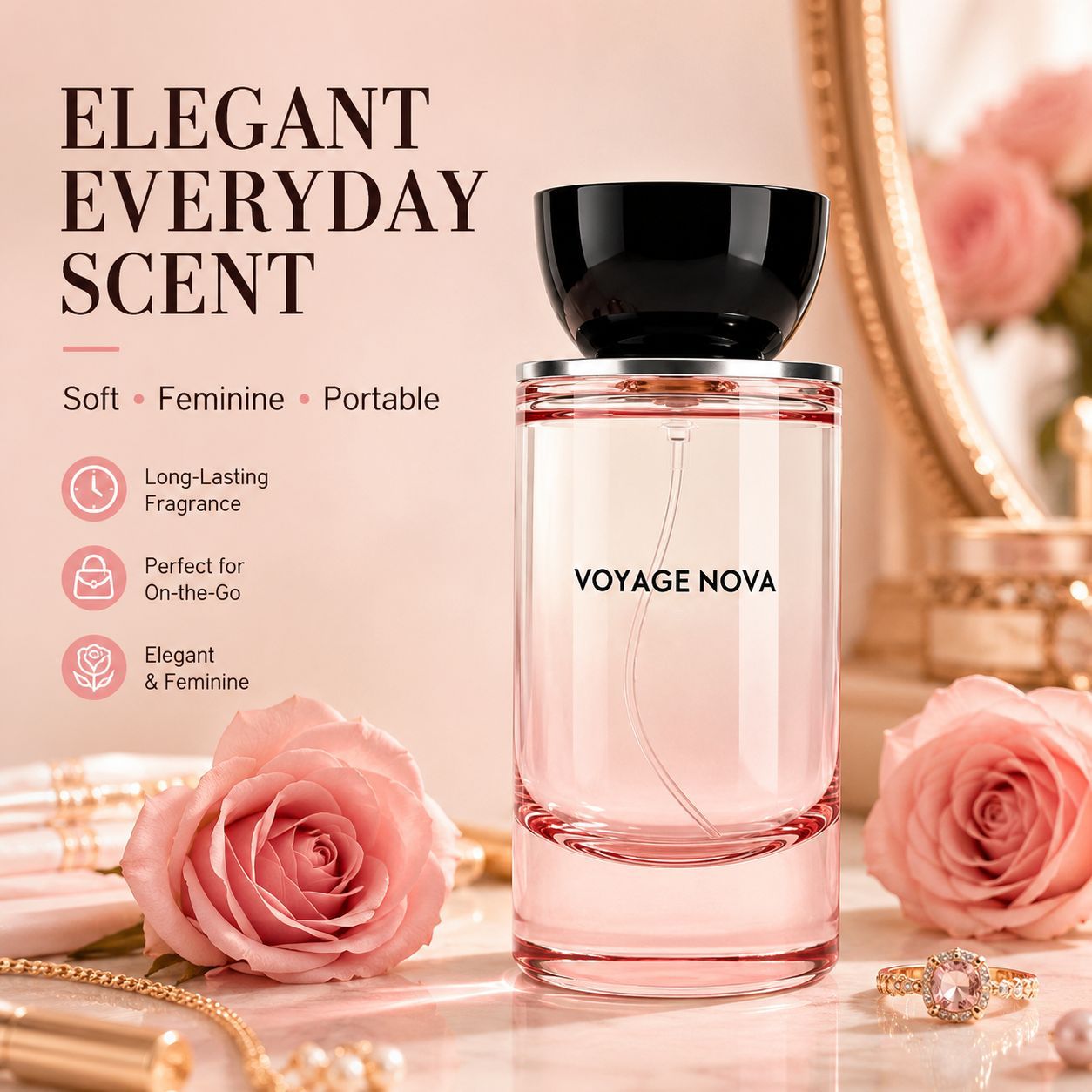 Voyage Nova perfume bottle on a marble surface between two pink roses and a gold framed mirror