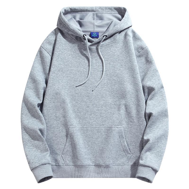 Linen gray heavyweight pullover hoodie with drawstring hood and kangaroo pocket, front view, size M option