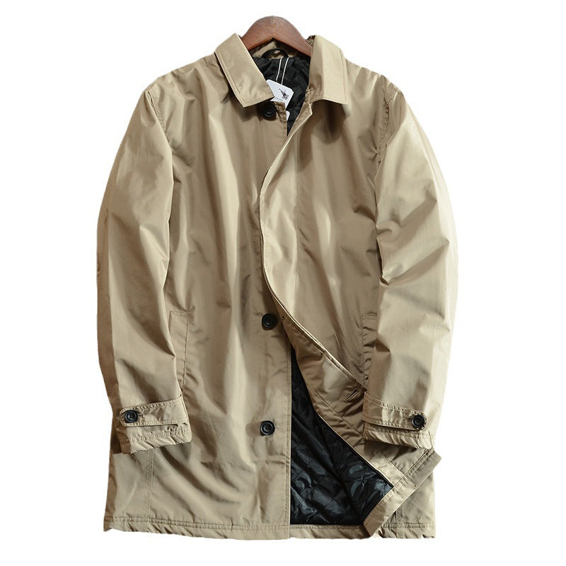 Khaki mid-length coat laid flat on a white background, single-breasted round buttons and button cuff tab