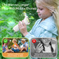 Girl holding a white handheld digital microscope outdoors to look at a leaf in a garden