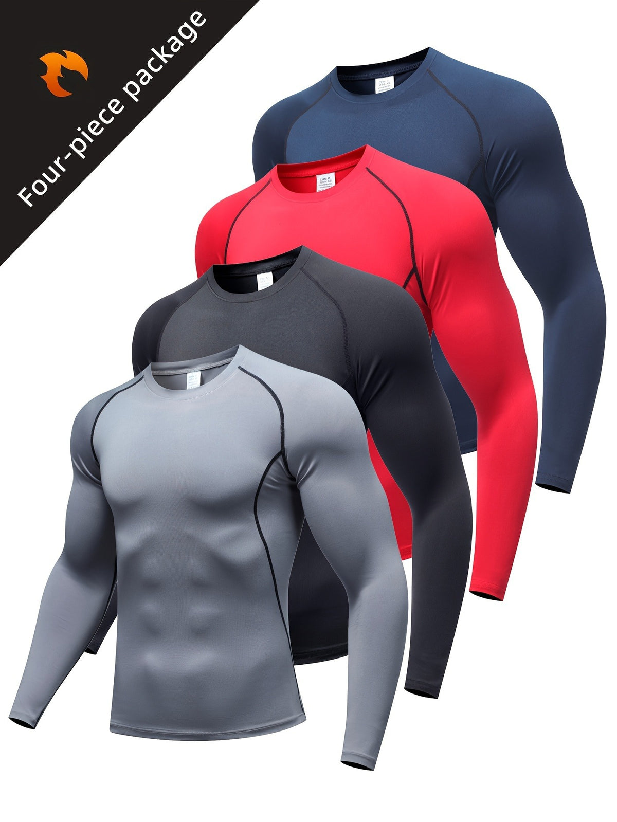 Four long sleeve compression shirts in navy, red, black and gray fanned out under a four-piece package label