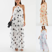 Womens Halter Neck Tiered Ruffle Chiffon Maxi Dress
