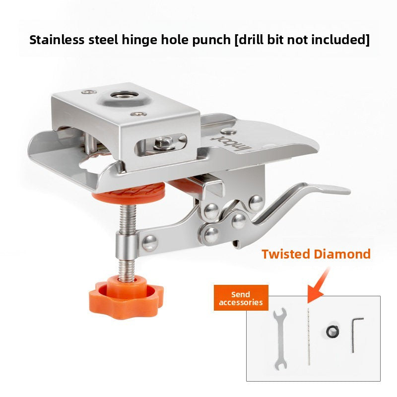 Stainless steel hinge hole punch with orange knob, drill bit not included, with wrench, small bit and hex key