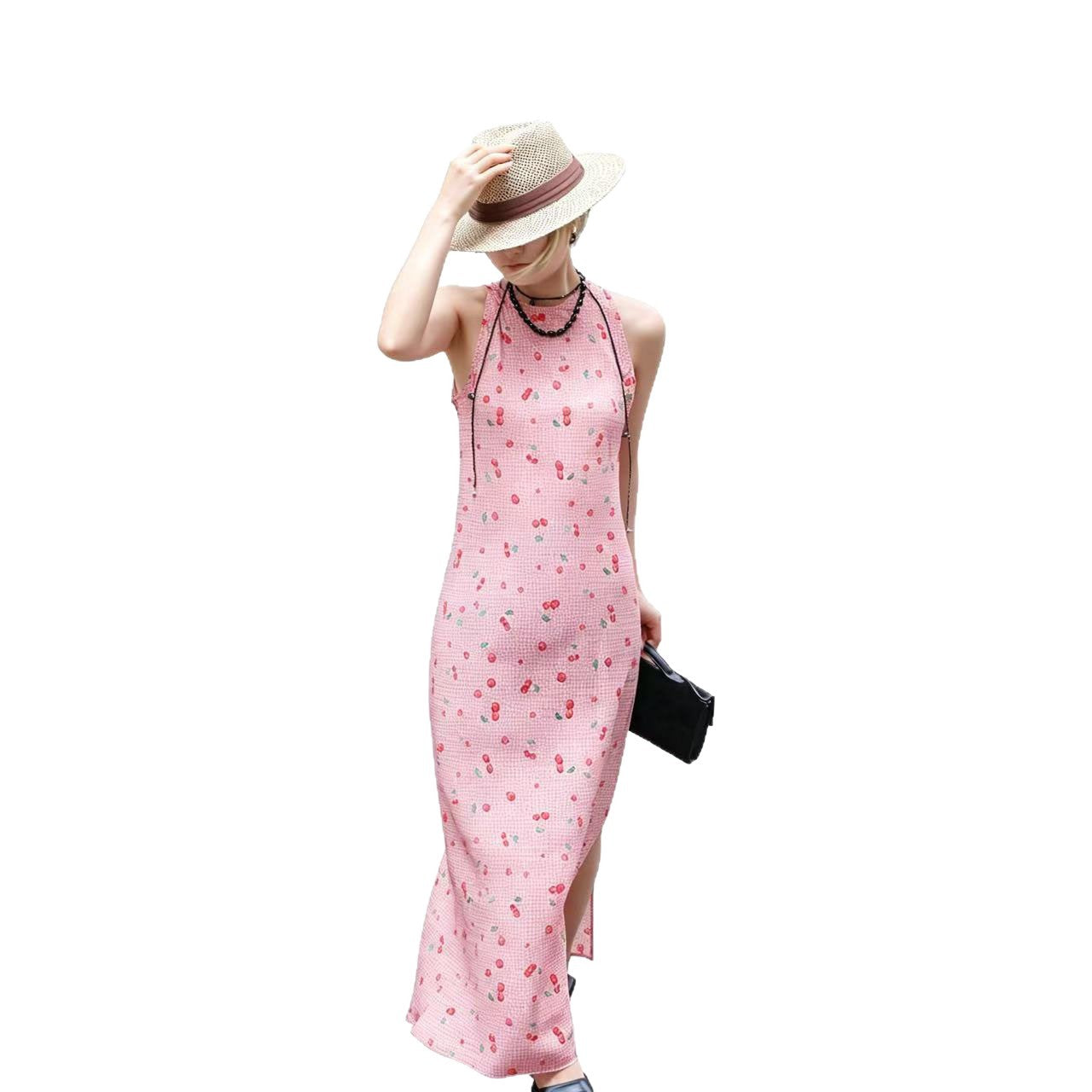 Pink cherry gingham halter dress on white background full front view