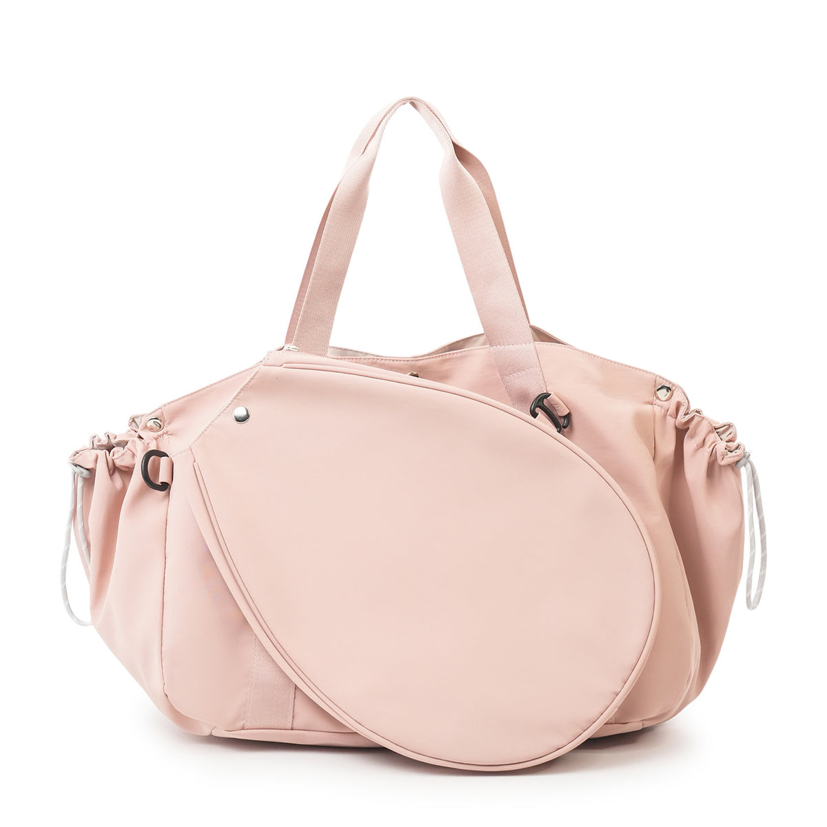 Pink sports bag with a racket-shaped front panel and pink webbing handles, Pink variant