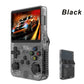 Handheld console next to a hand for scale showing its pocket sized form factor