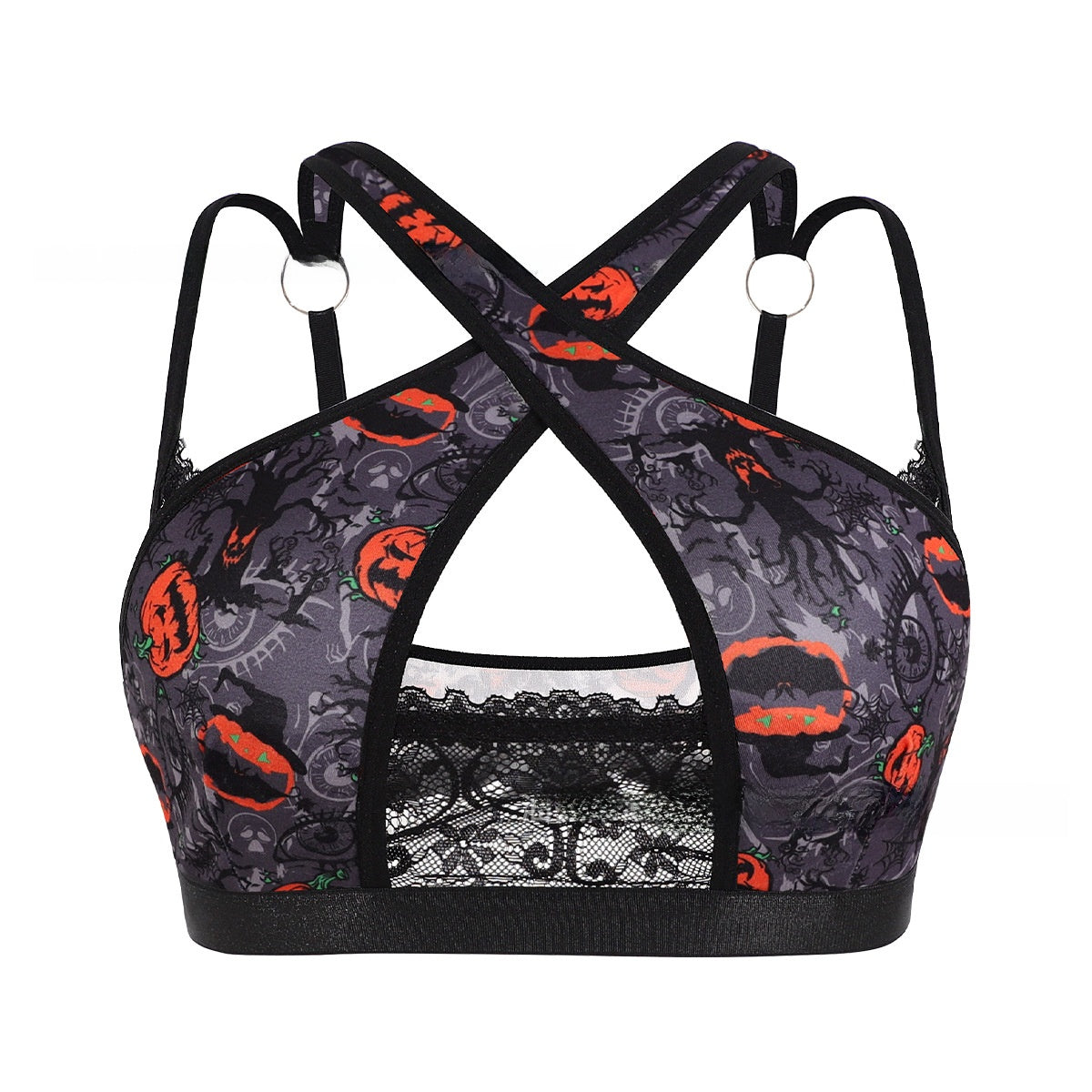 Charcoal gray bra with orange pumpkins, keyhole and black lace panel, Spooky pumpkin option, size S