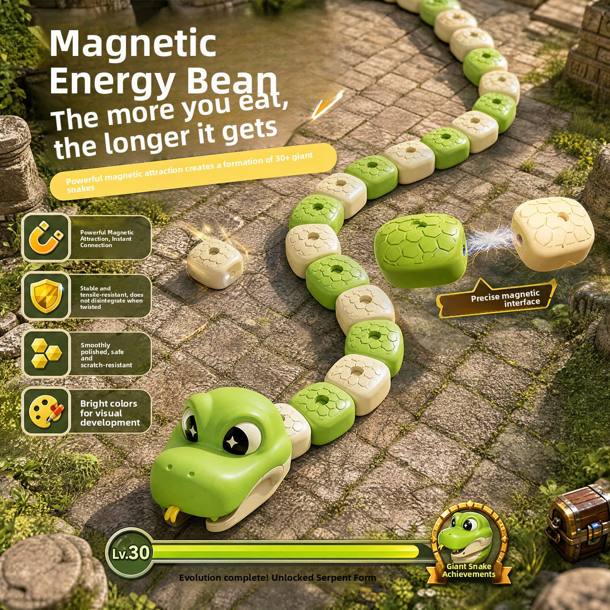 Remote control magnetic snake toy with hinged jaw and a segmented green and beige body