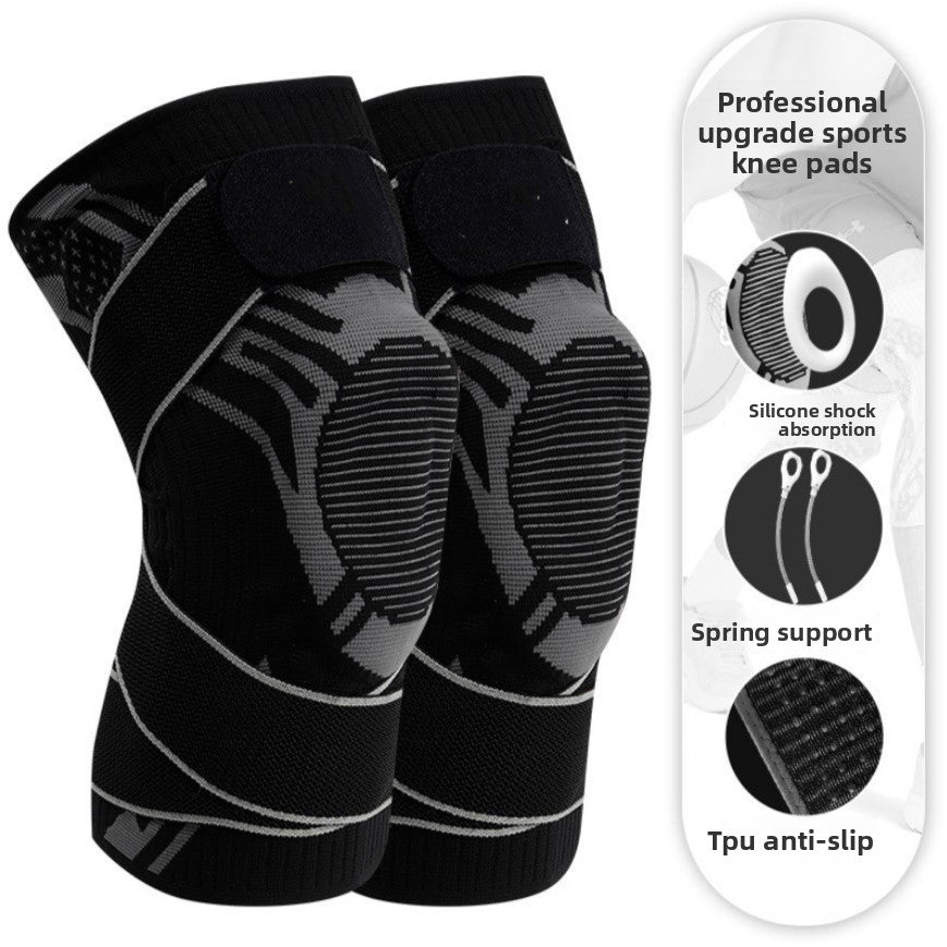 Sports knee brace with reinforced padded kneecap panel and adjustable support strap