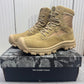 Men's hiking boots shown from the front with the laces done up