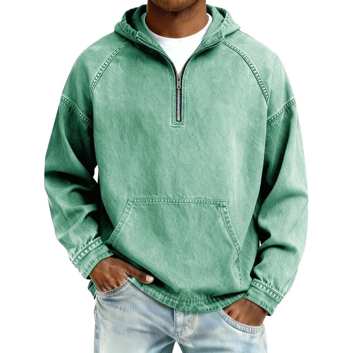Light Green variant, size XL: light green washed half zip hoodie on a male model with light jeans