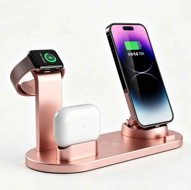 Rose gold four in one charging stand with a phone, smartwatch and wireless earbuds