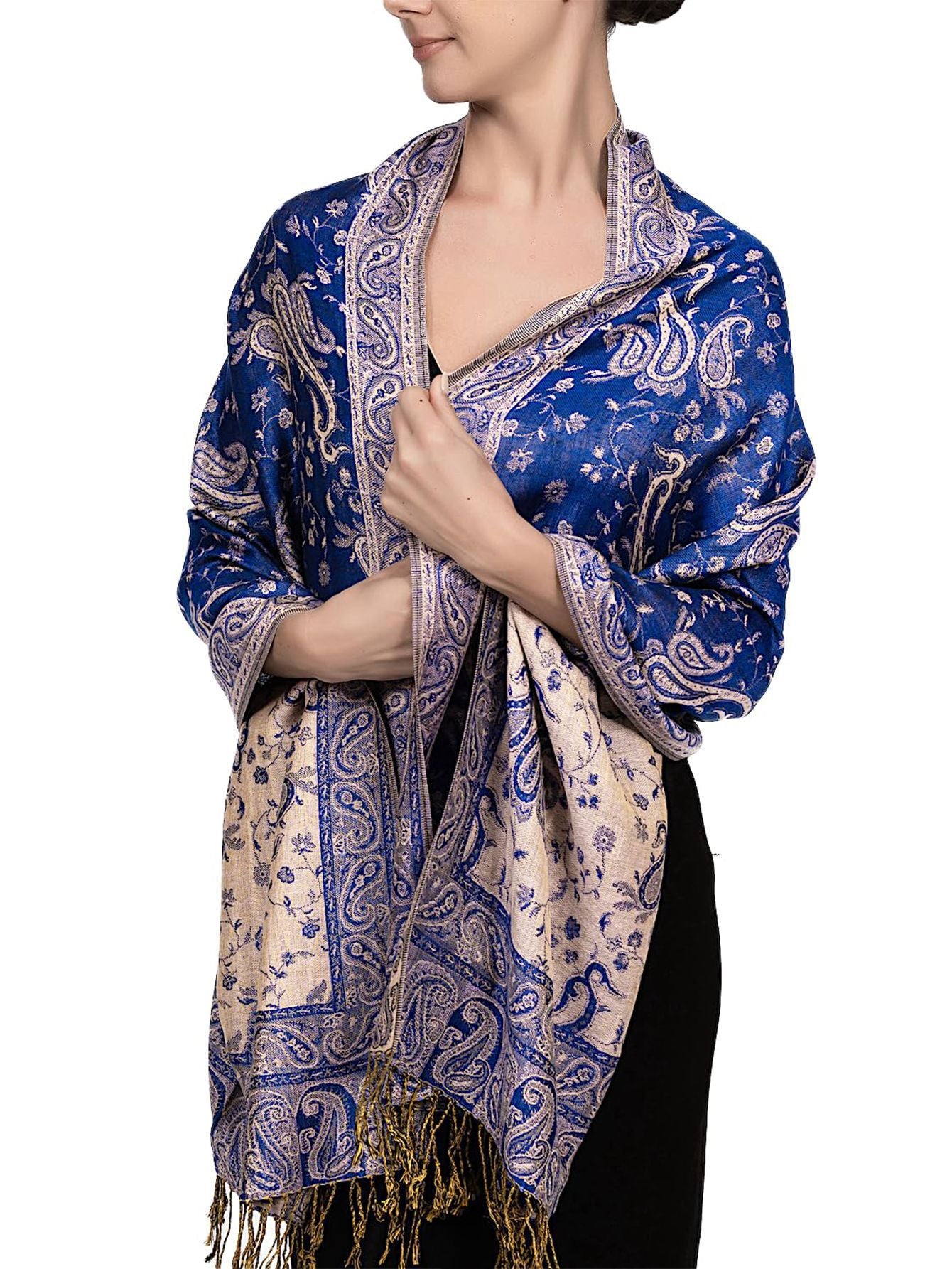 Royal blue paisley tassel shawl wrap worn draped over the shoulders with tasseled fringe ends