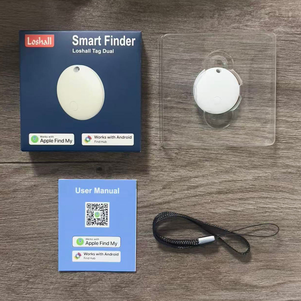 F03C White: Loshall Tag Dual box, white round tracker in a clear tray with a lanyard and manual