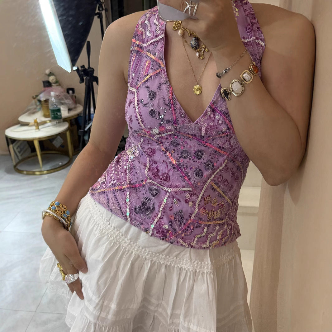 Sequin V-neck Sleeveless | detail close up