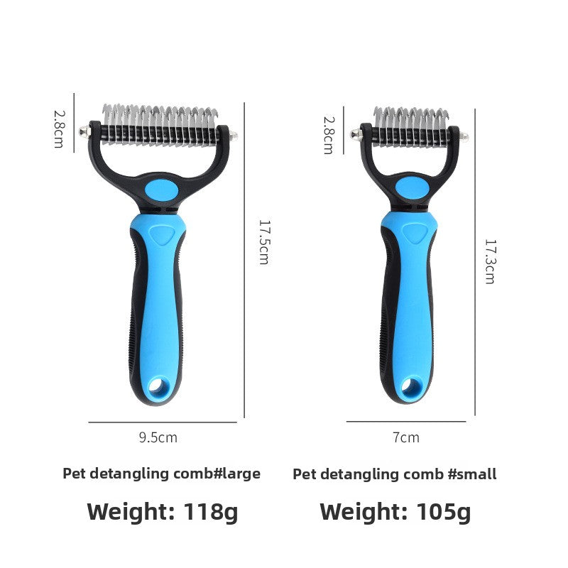 Pet dematting comb shown with its measurements, about 17.5 cm long with a double sided blade head