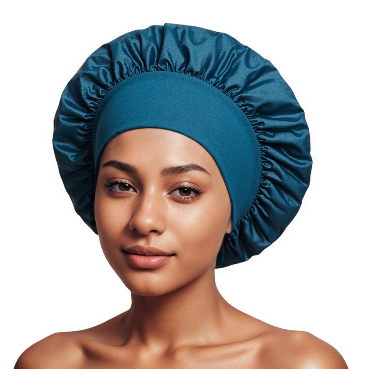Sea Blue satin sleep bonnet with ruffled crown and wide elastic band, 35 cm diameter