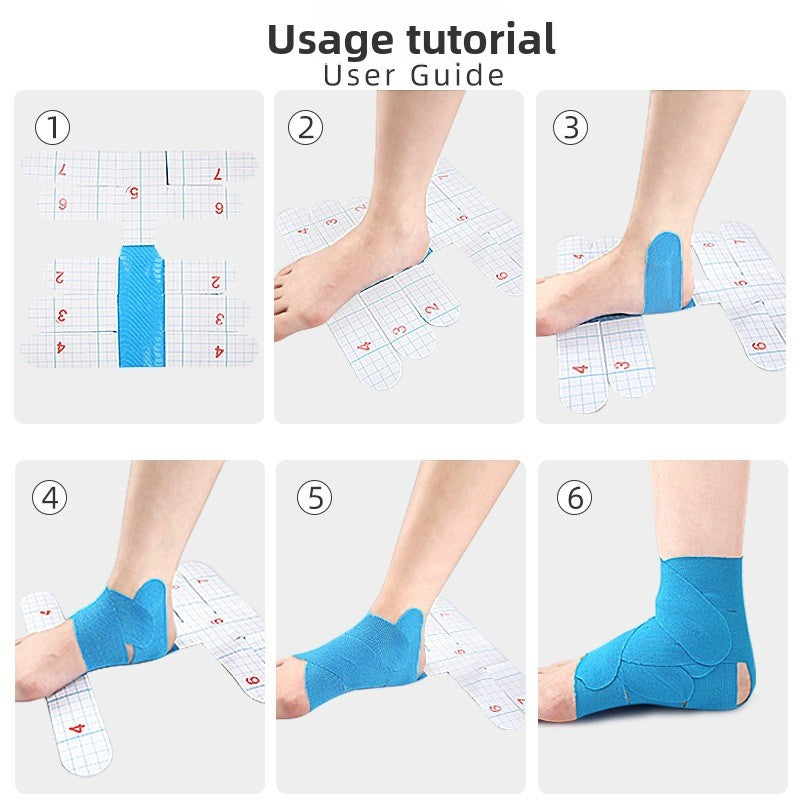 Six step maker guide showing the pre-cut tape being applied to a foot and ankle
