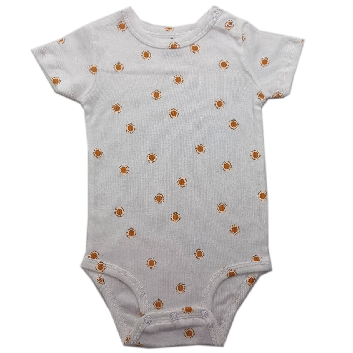 Baby cotton bodysuit with short sleeves and an envelope neckline laid flat on a white background