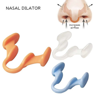 Orange, white and light blue silicone nasal dilator clips beside a nostril diagram labeled Nasal Dilator