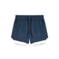 Two in one training shorts in navy blue shown flat with the inner liner, back view