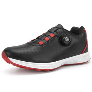 Black and red X556 spikeless golf shoe with side twist dial, perforated panels and red moulded rubber traction sole