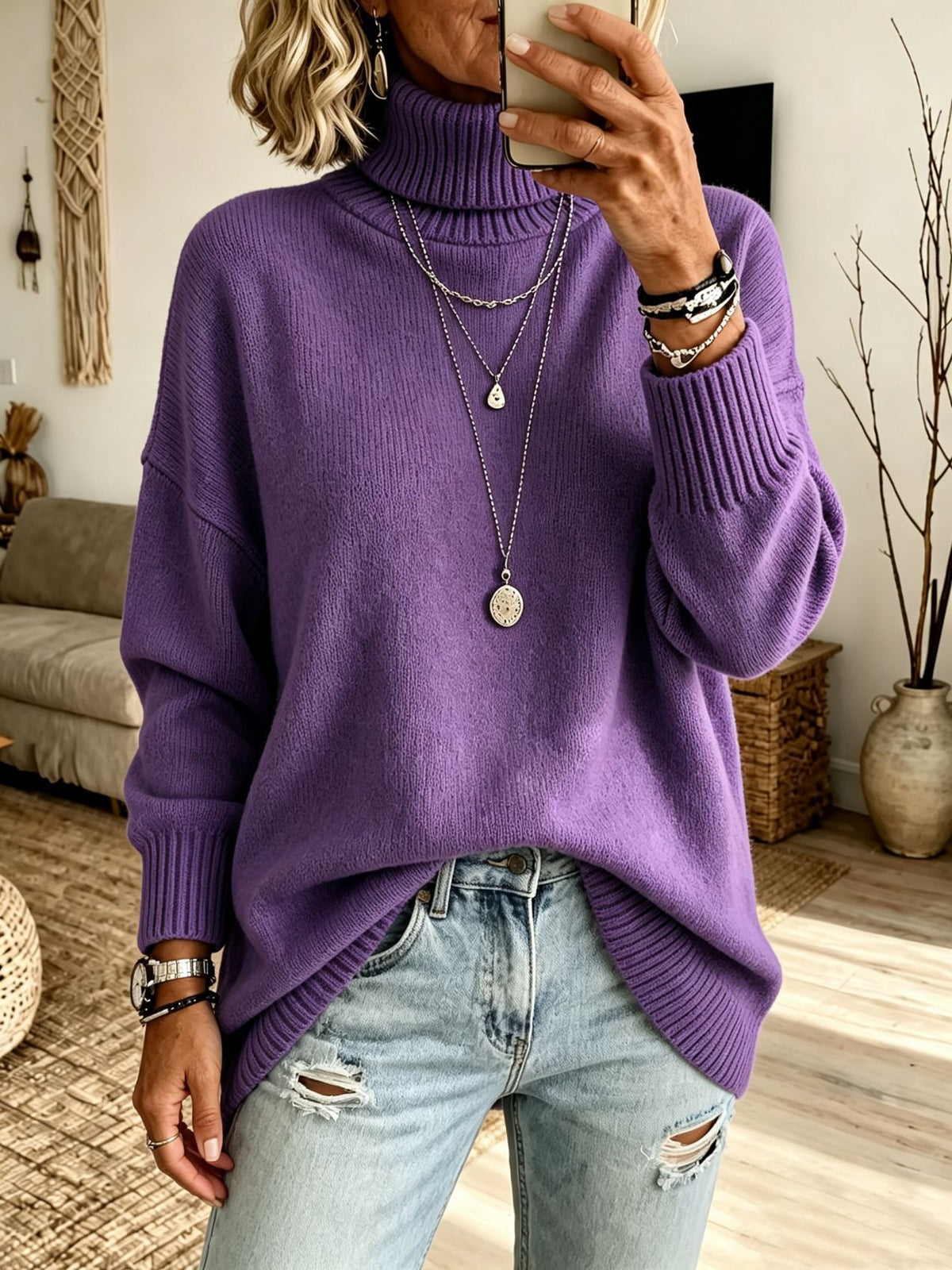 Women's purple turtleneck knit sweater, loose fit with ribbed cuffs and hem, size M