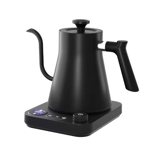 Black gooseneck electric kettle with swan neck spout standing on its square control base