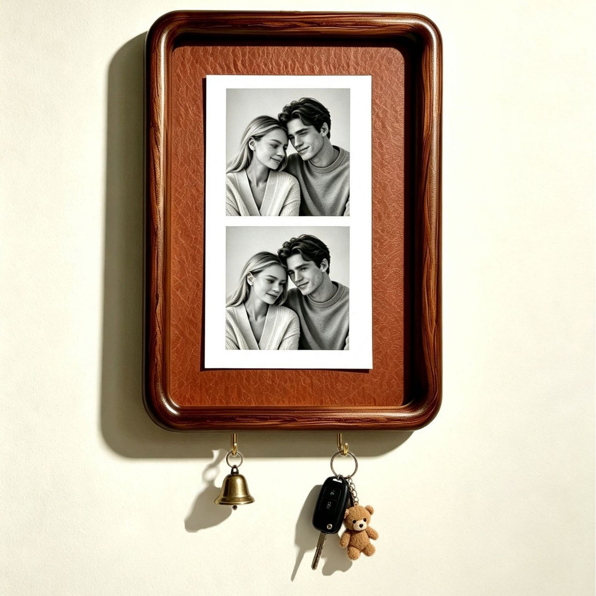 Option A4 Hook Style 5: dark wood wall photo frame with plain rust brown backing and two key hooks