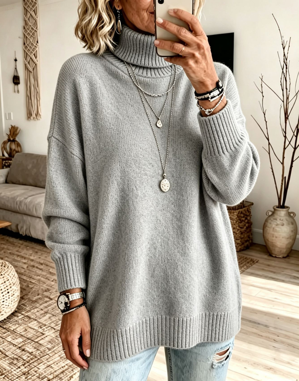 Women's gray turtleneck knit sweater, loose fit with ribbed cuffs and hem, size M