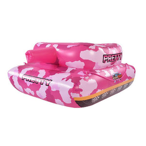 Side view of pink camo tank pool float showing barrel and printed tread hull