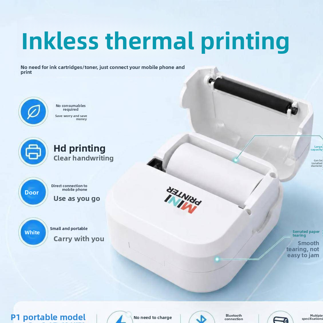 White mini thermal printer feeding a printed paper strip on a light desk surface