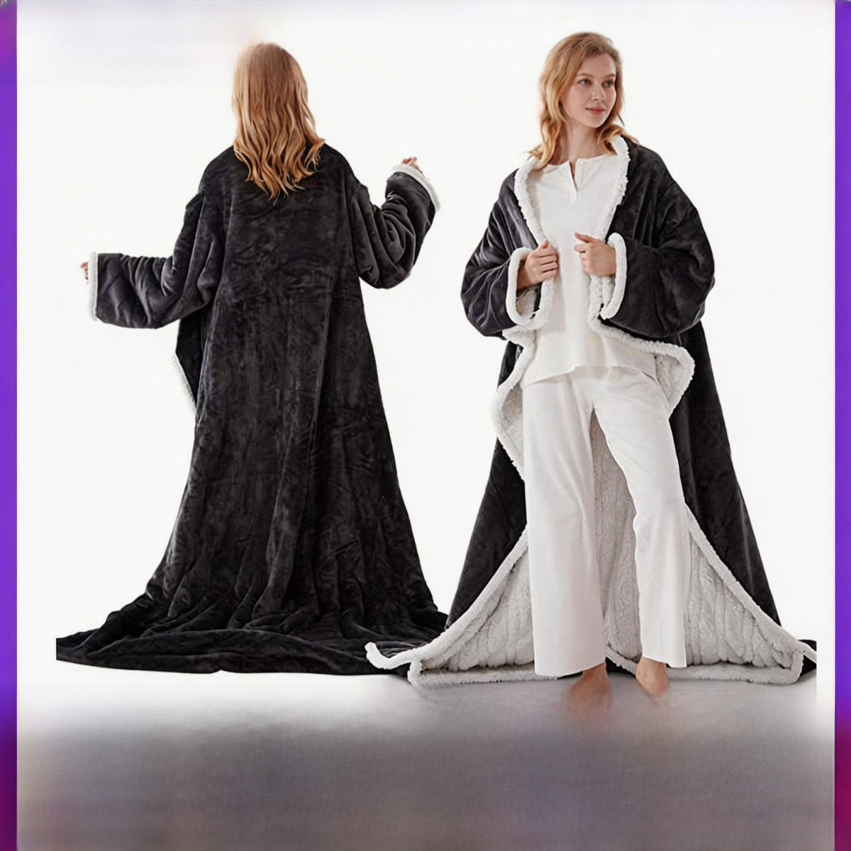Two women wearing the dark gray wearable blanket with sleeves, one seen from behind in the long cut
