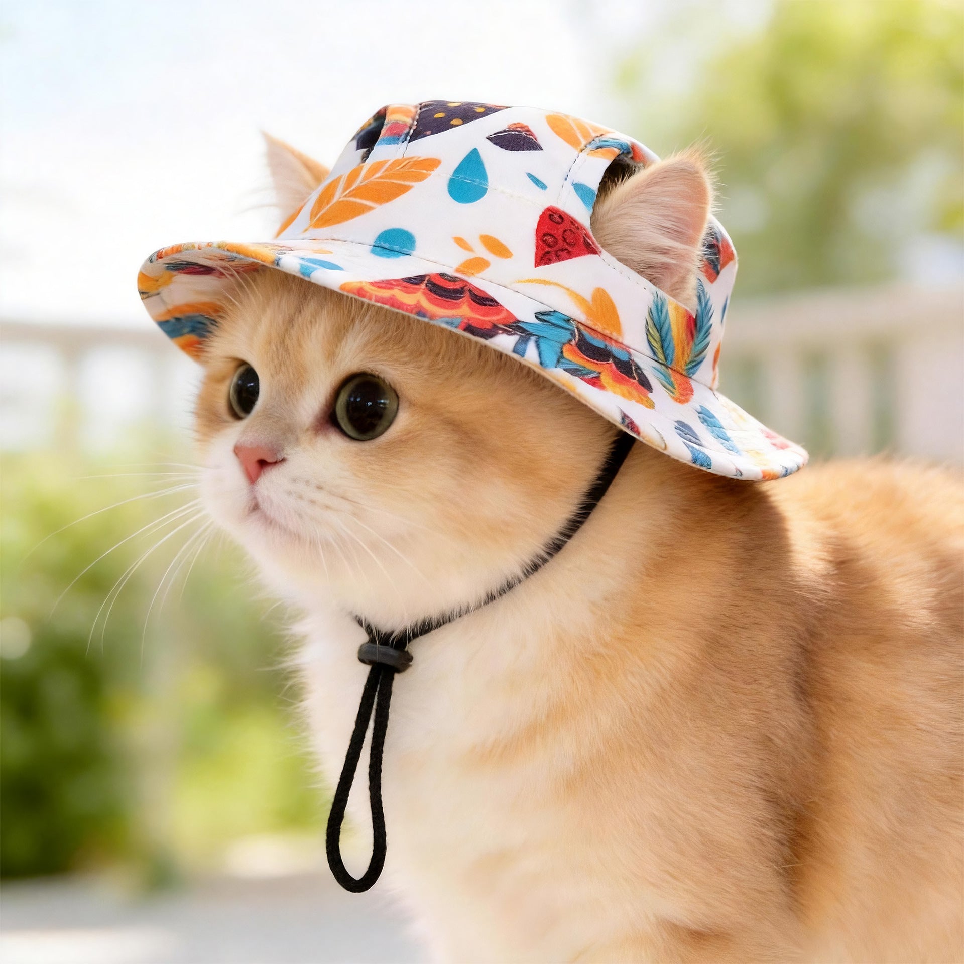 Pet bucket sun hat with ear holes and chin cord in a yellow duck print, view 17