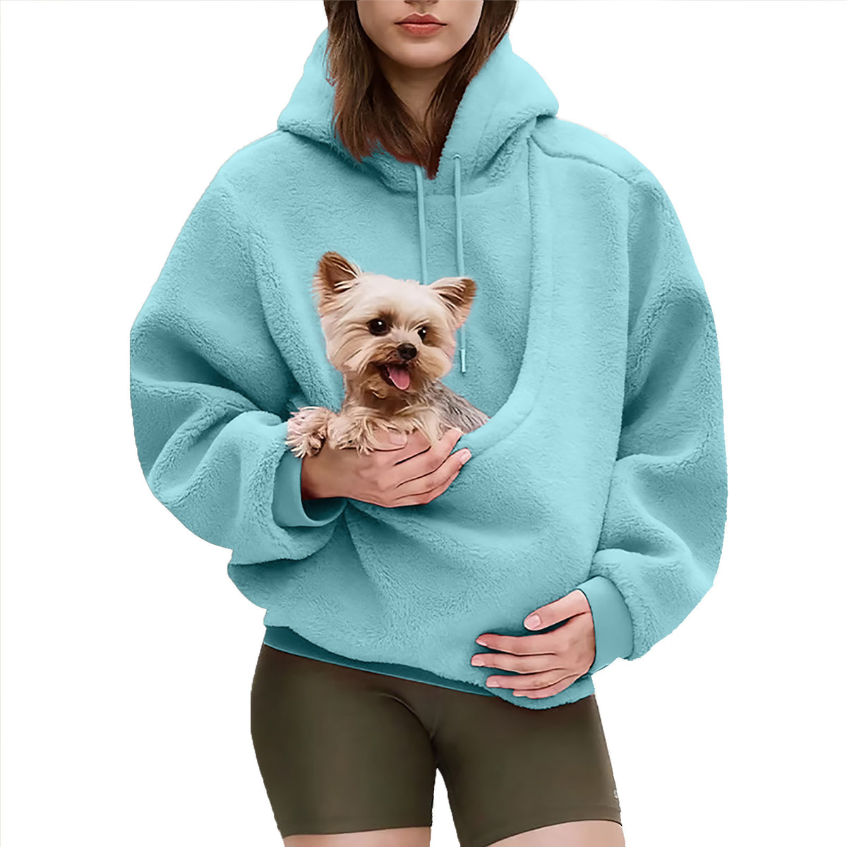 Close view of the plush fleece surface and drawstring hood on the milky white pet pouch sweatshirt