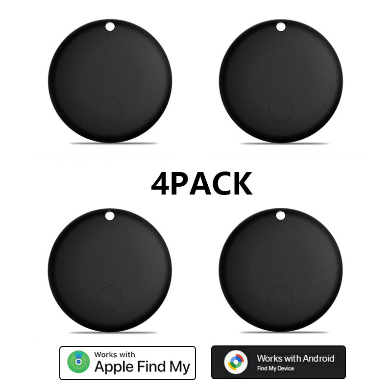 Four black round F08 trackers, 4 pack option, with Apple Find My and Android Find Hub badges