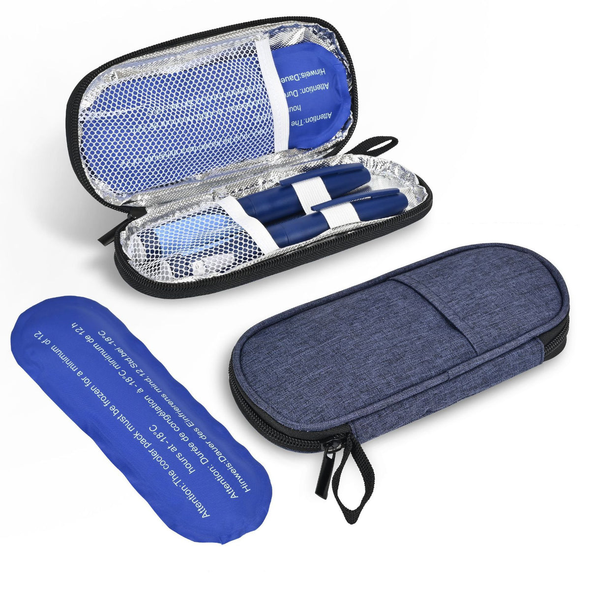 Blue heathered insulated case open with pens and a blue gel ice pack printed with freezing instructions