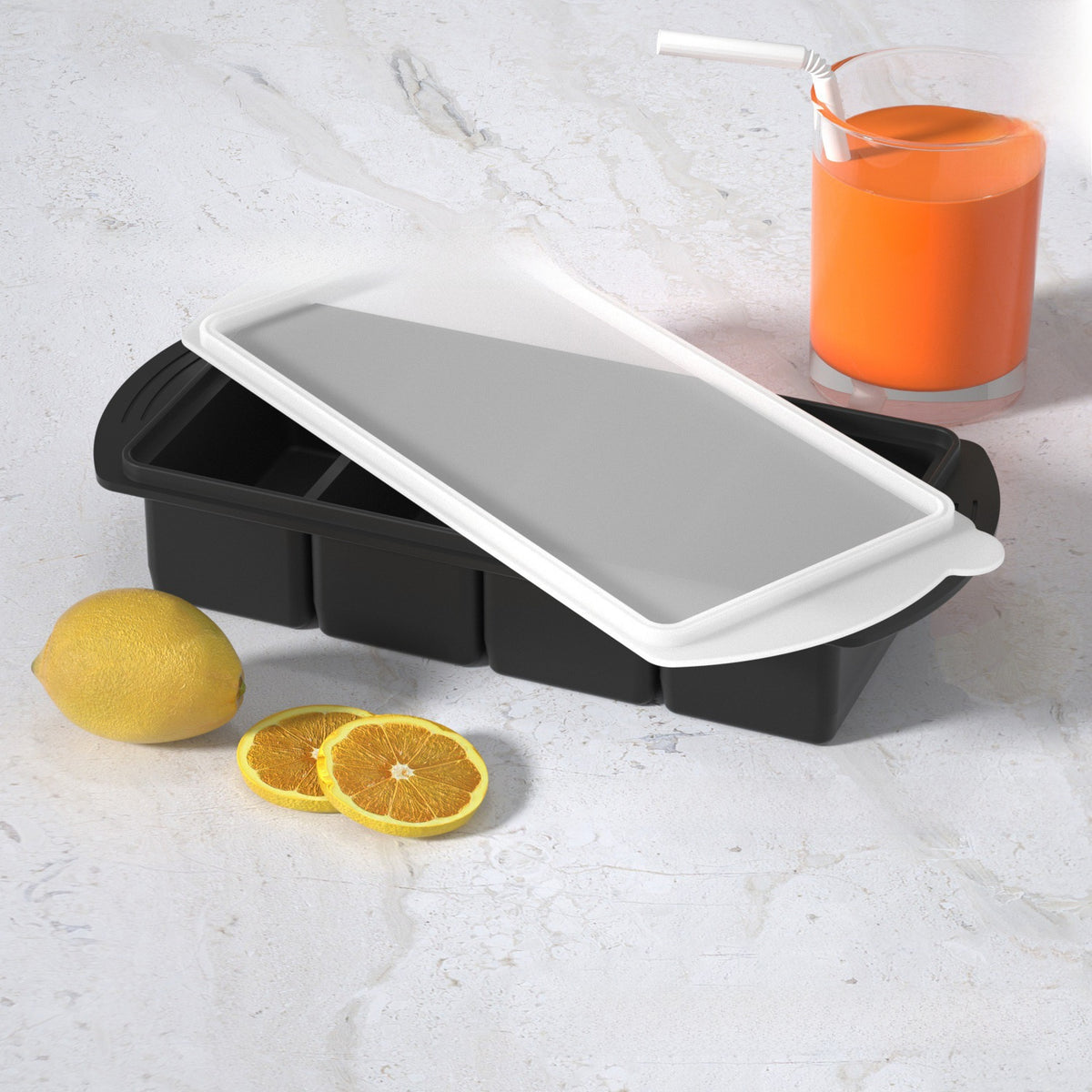 Flexible platinum silicone ice cube tray with a sphere mould for the home freezer