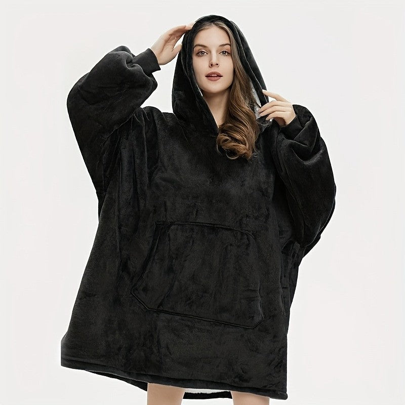Black thickened flannel hooded wearable blanket with front pocket, size 120x150 cm