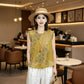 Loose mustard sleeveless blouse with woven star and floral patchwork panels